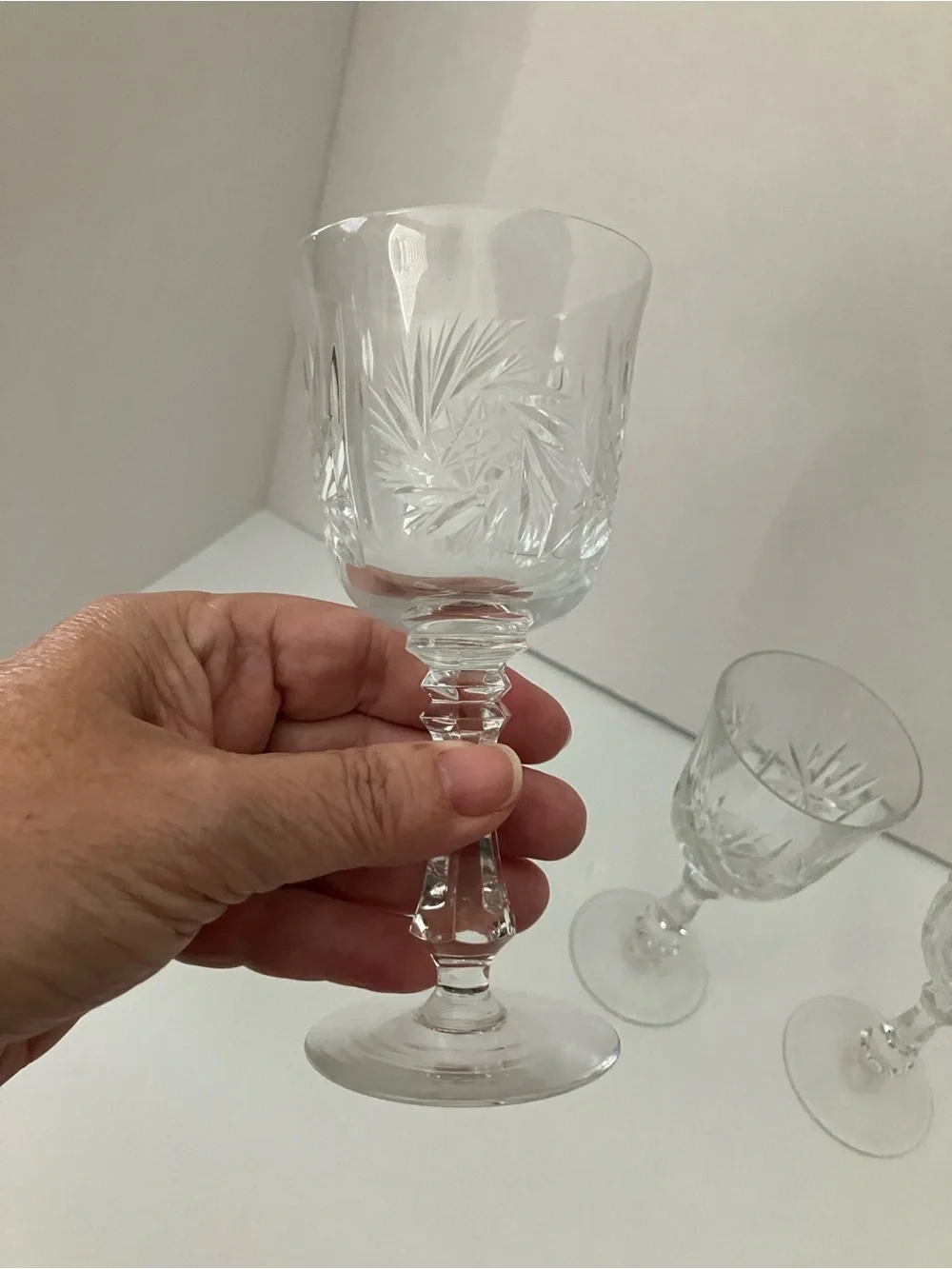 Vintage Czech Bohemian Etched Clear Crystal Wine Goblets - Set of 3